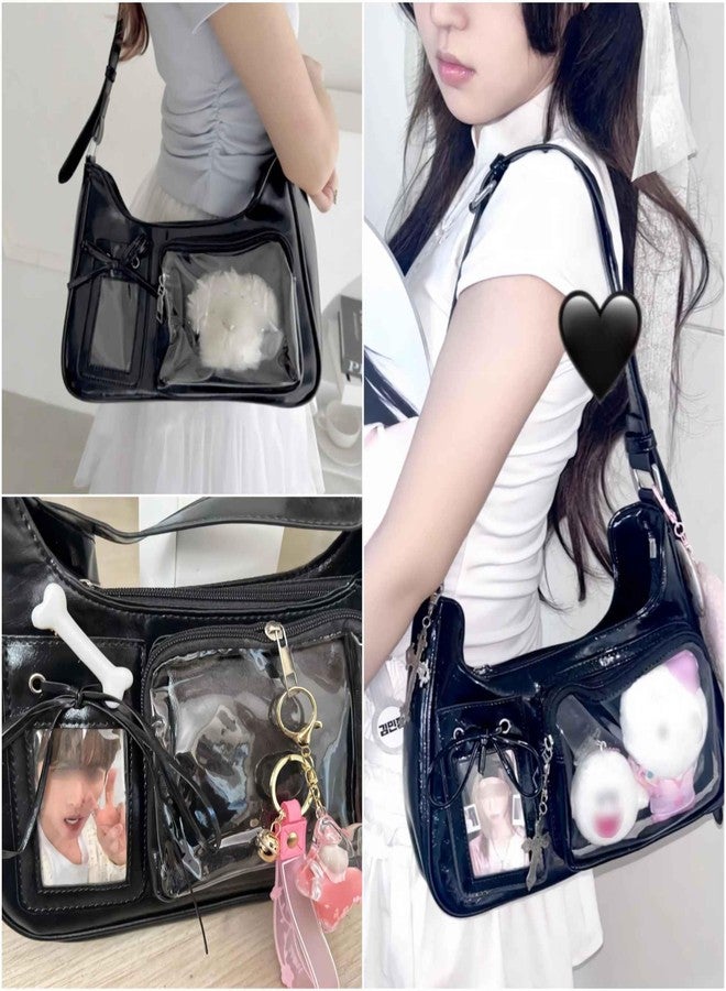 Winatehr ita black shoulder bag for women, pin display kawaii bow anime crossbody bag, cute y2k everyday coquette purse - Image 2